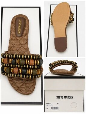 Steve Madden Brown Raffia Beaded Slide Sandal with Gold & Black Accents